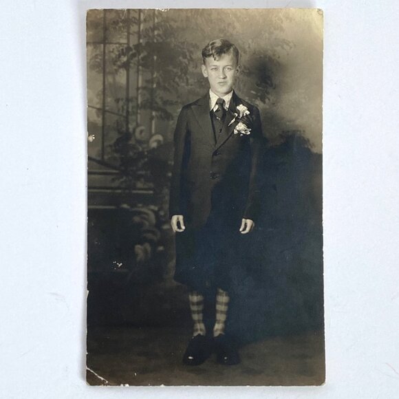 RPPC c1930s Young Boy Suit Tie Argyle Gel Silver AZO Divided Back Postcard - Picture 2 of 5